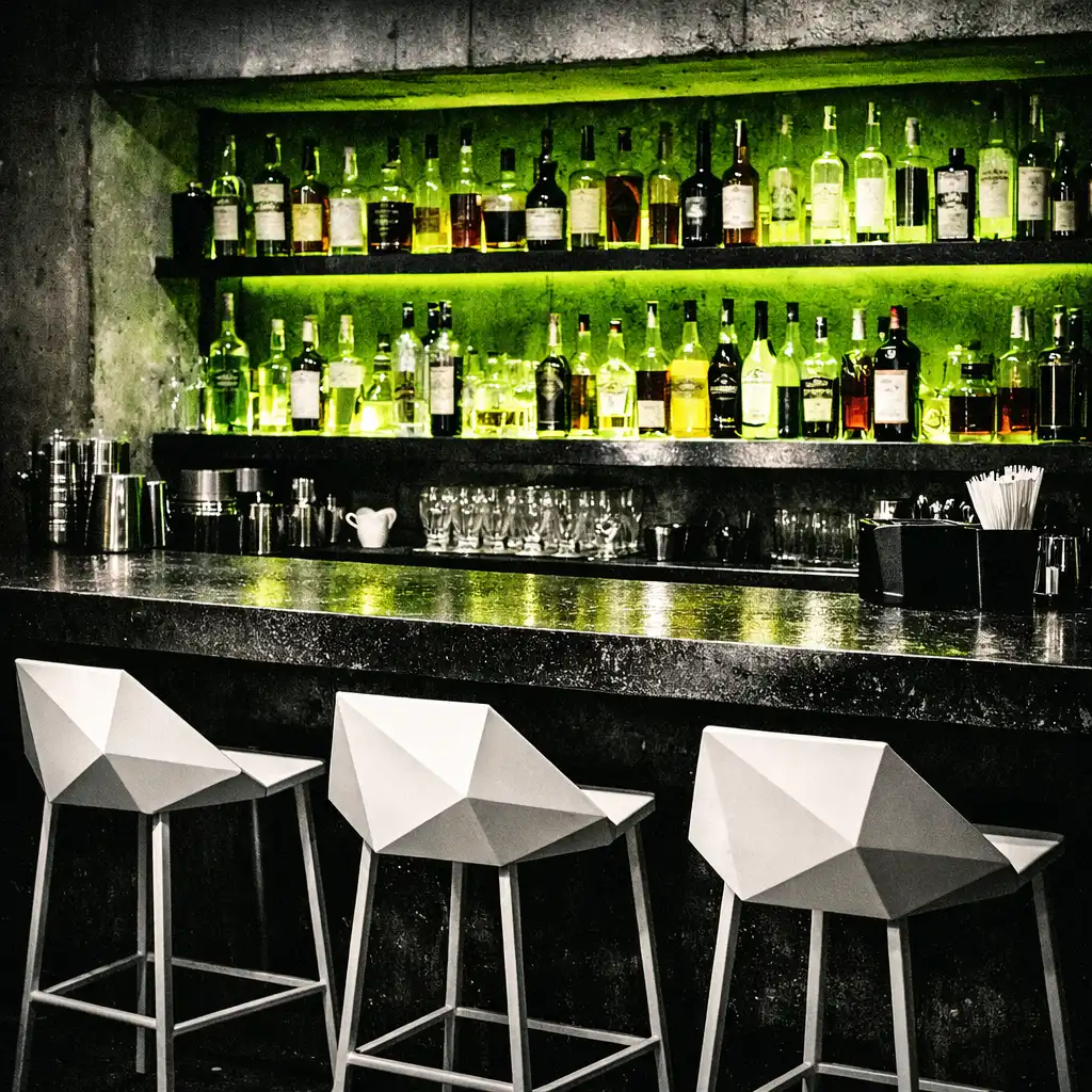 Close-up of a bar counter with black stone surface and volt backlit shelves