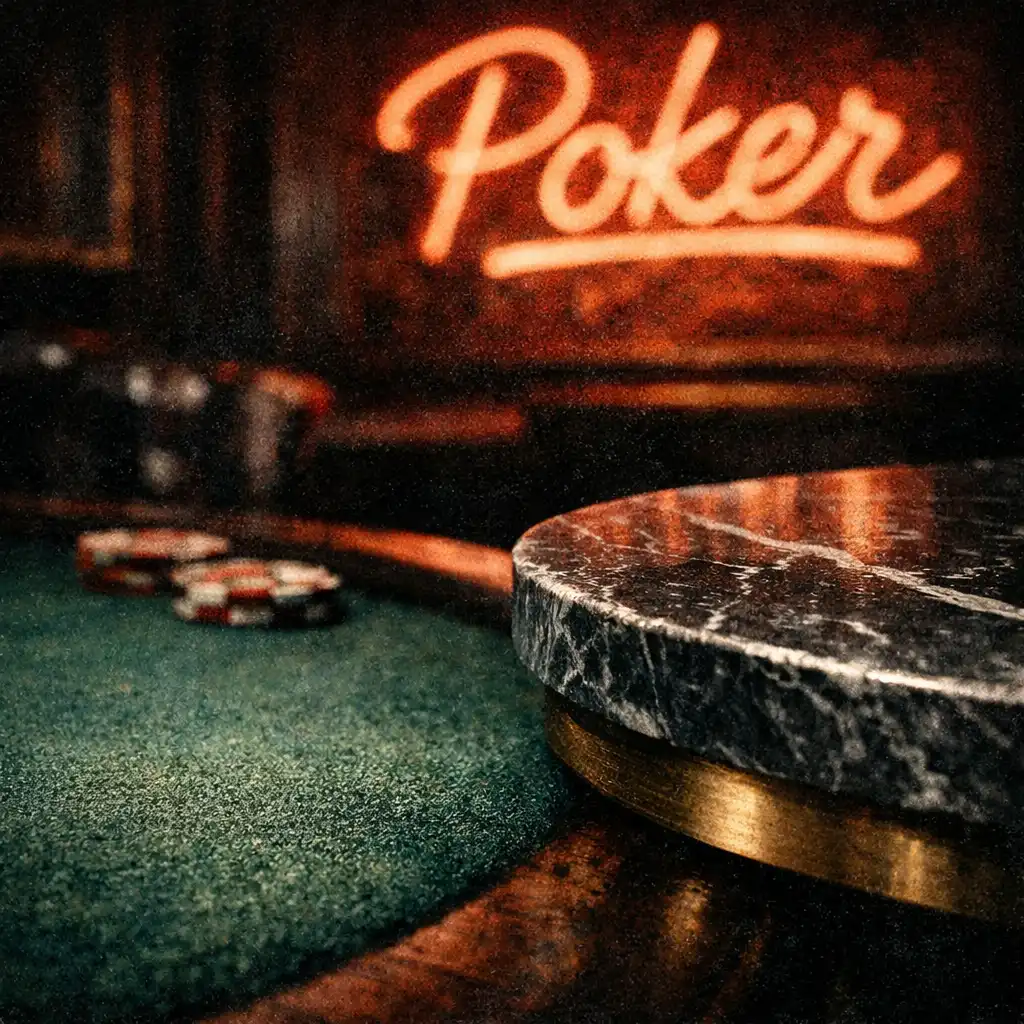 Detail of the card room at Fortune and Marble showing poker table felt and neon sign