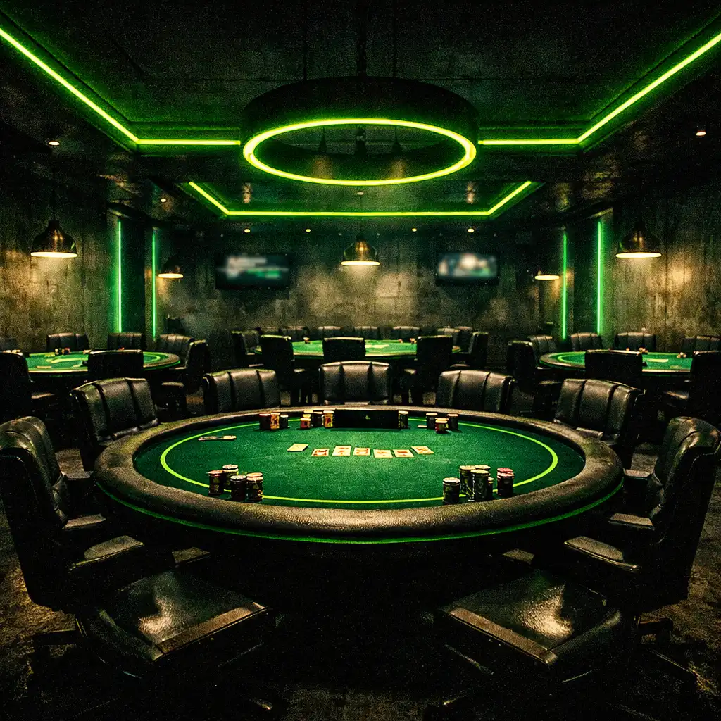 Wide-angle view of the Fortune and Marble card room at night, featuring professional poker tables with green felt, dark leather chairs, raw concrete walls, and dramatic volt green neon lighting.