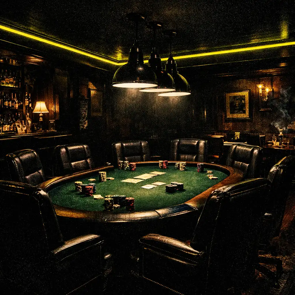 Interior of the Fortune and Marble card room with professional poker tables, custom green felt, and moody lighting