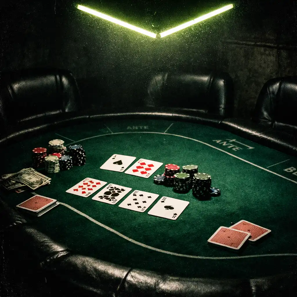 A moody poker table in the Fortune and Marble card room under a volt neon light