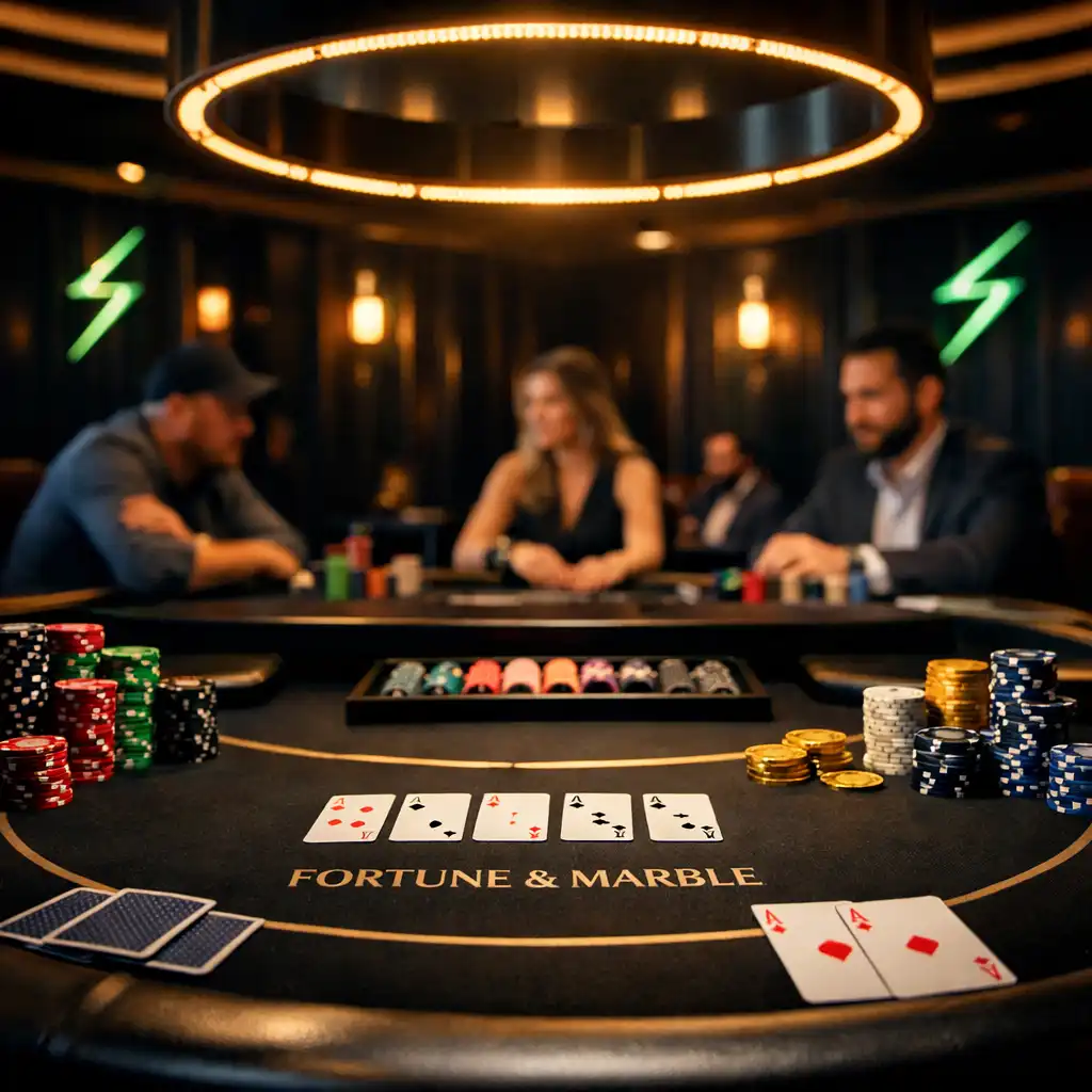 Professional poker table in the card room at Fortune and Marble with dramatic lighting