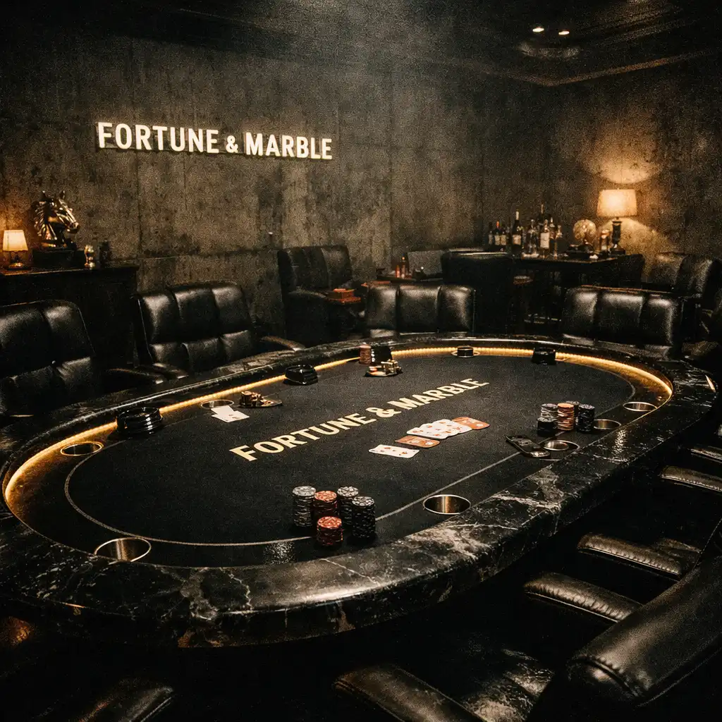 Wide-angle view of the Fortune and Marble card room with raw concrete walls, leather chairs, and volt accent lighting around a custom poker table