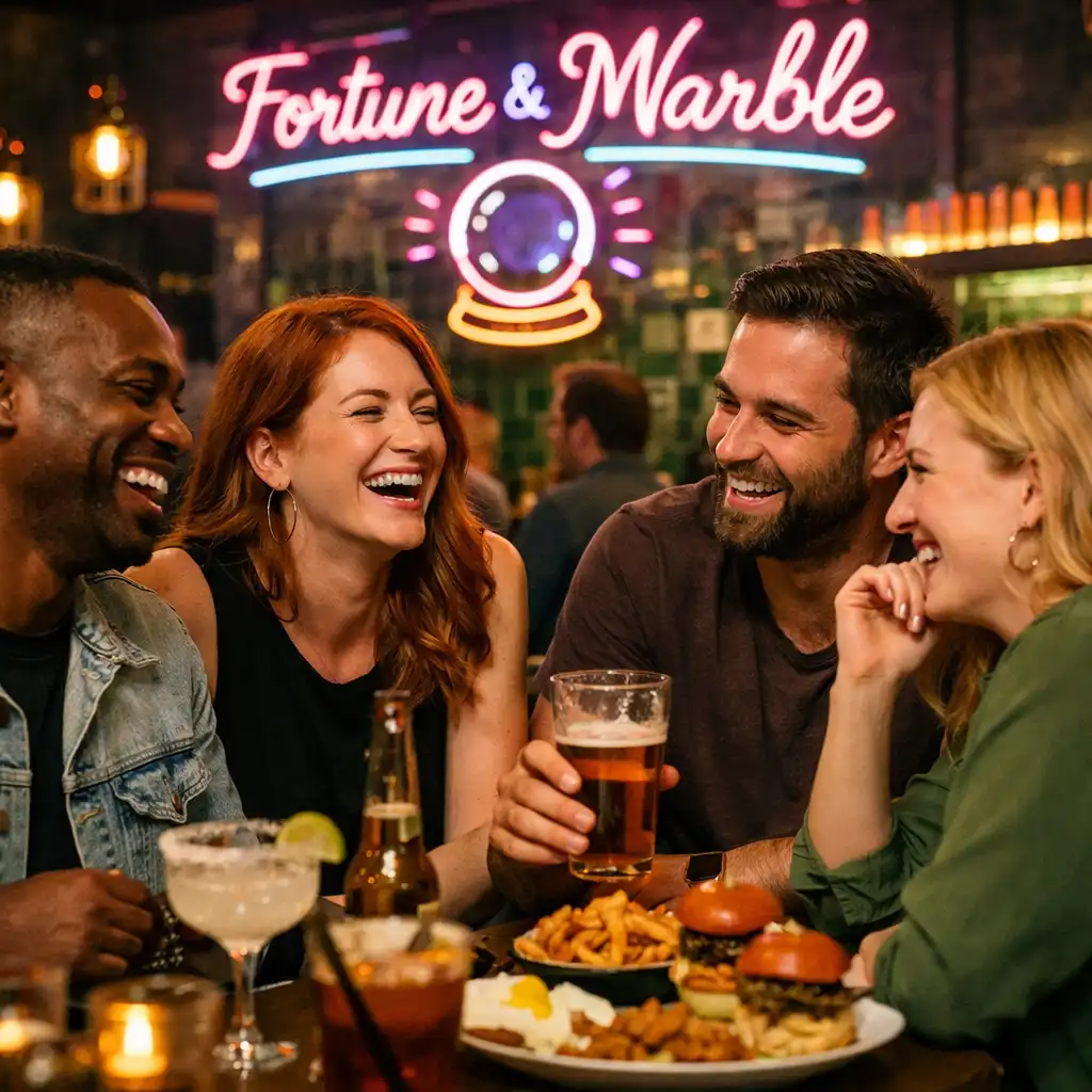 Group of people laughing and talking around a table at Fortune and Marble