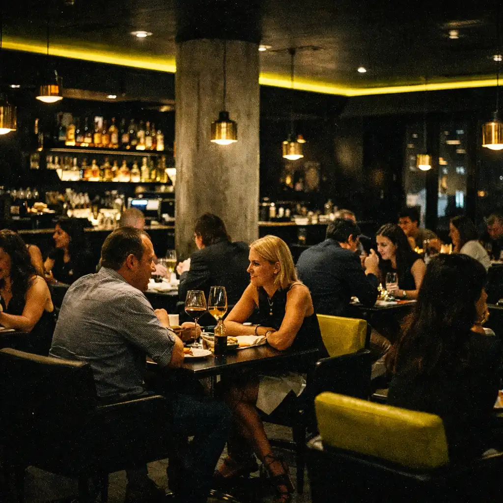 Wide shot of a restaurant dining area at night with guests seated at tables