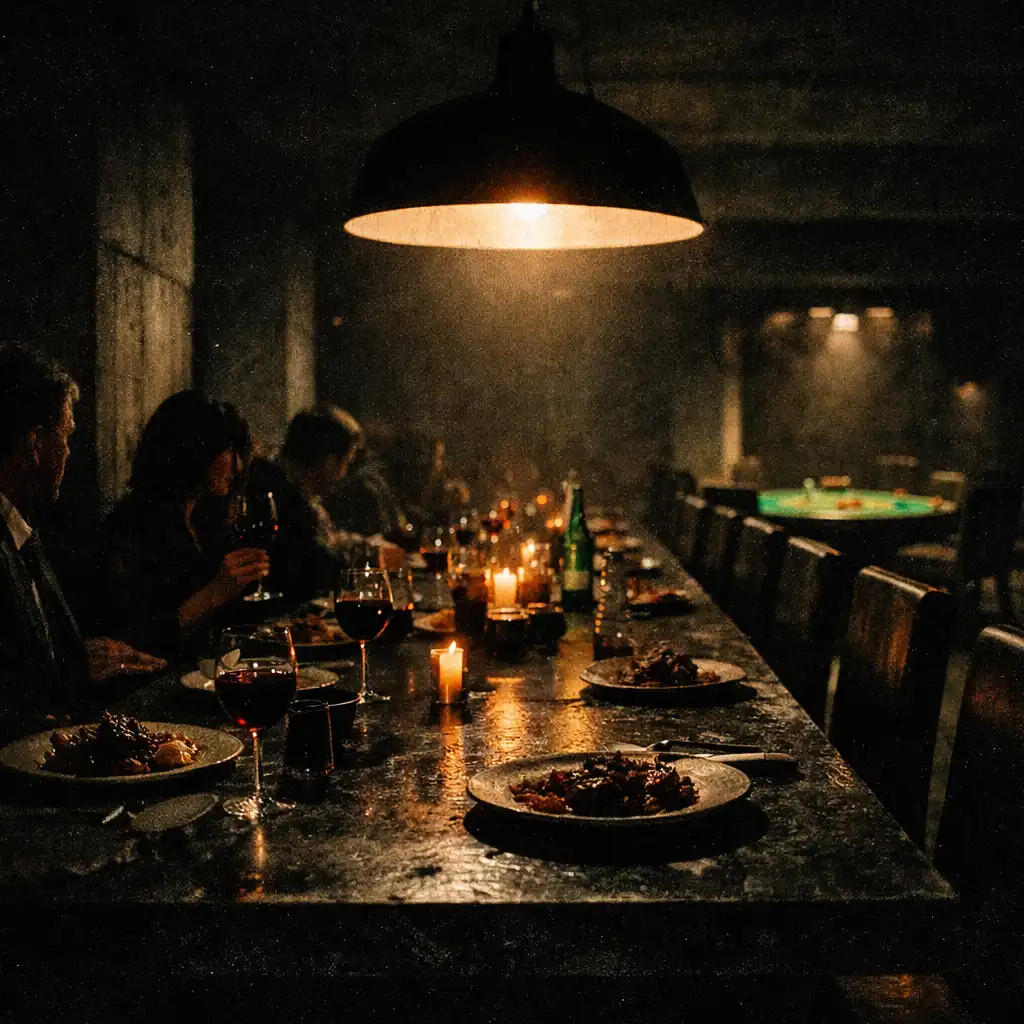 A dramatic late-night dining scene at Fortune and Marble with a long communal table, warm pendant light, and a hint of a poker table in the background