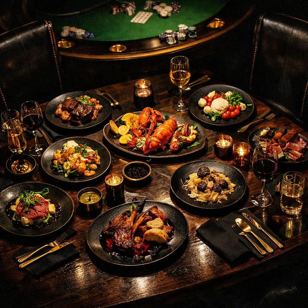 Overhead view of a lavish multi-course feast on a long dark wooden table with glasses of wine and elegant cutlery