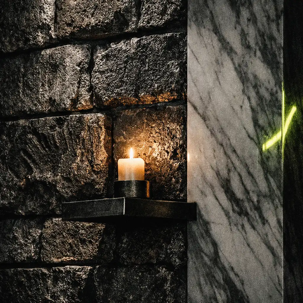 Close-up of a rough-hewn stone wall with smooth marble panels and dramatic side lighting at Fortune and Marble
