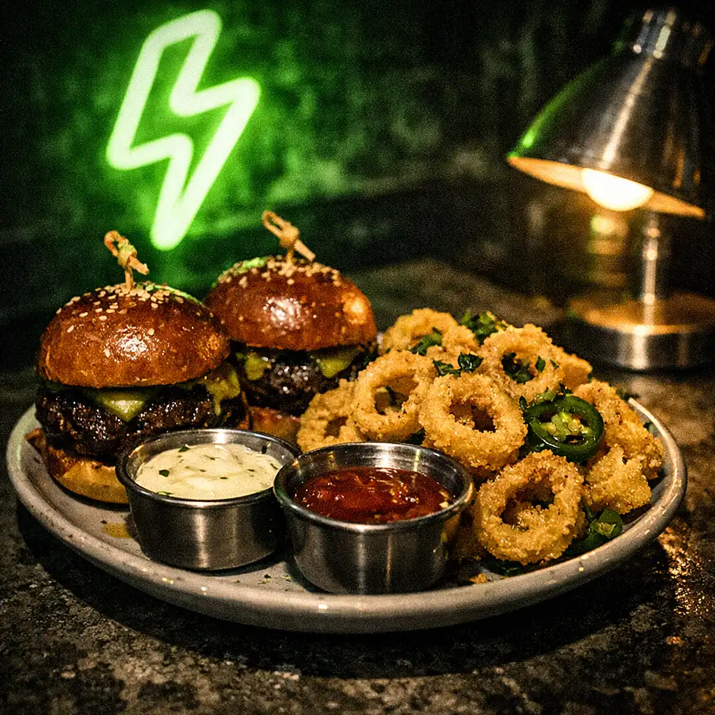 Small plate of late-night sliders and fried calamari with dipping sauces, lit by a volt green neon sign