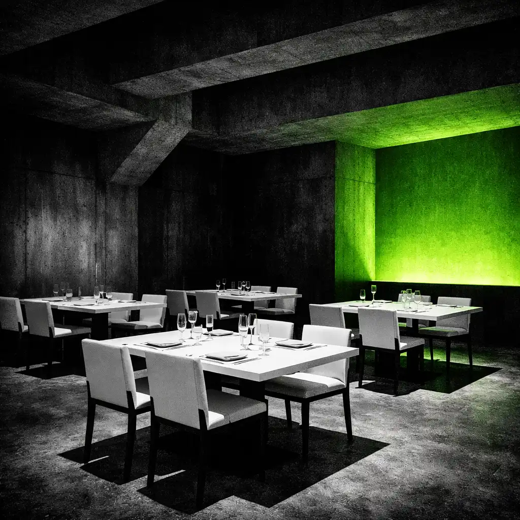 Dining room with black walls, grey concrete floor, white rectangular tables and volt accent lighting