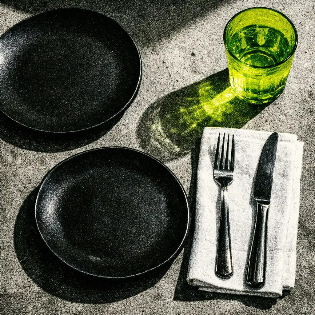 Close-up of a table setting with black ceramic plates, white napkin and volt green glass