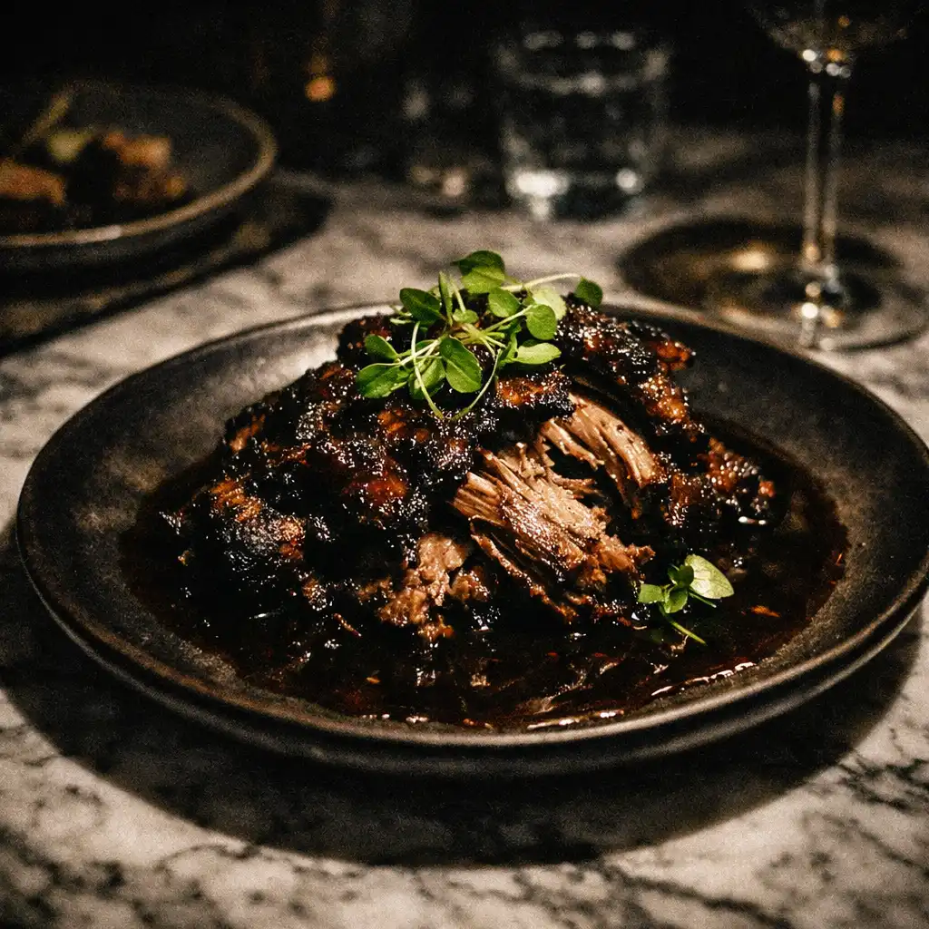 Slow-cooked lamb shoulder with charred edges and microgreens on a dark ceramic plate
