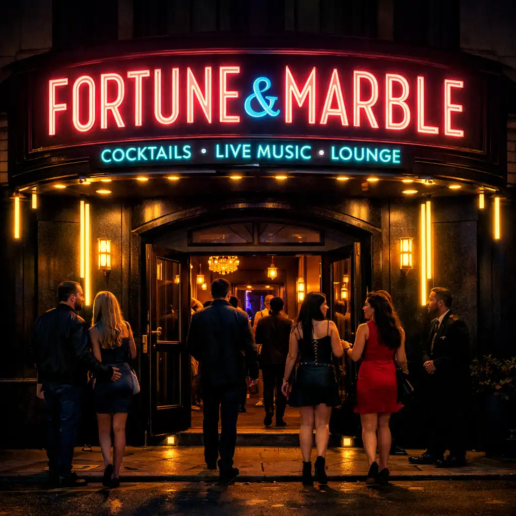 Exterior of Fortune and Marble at night with neon sign glowing