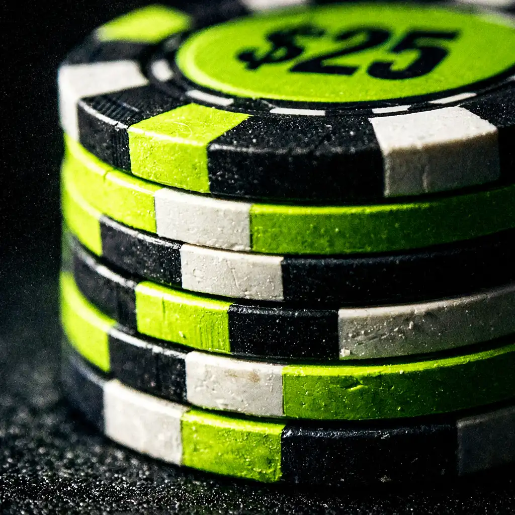 Extreme close-up of volt green and white poker chips stacked on a black table