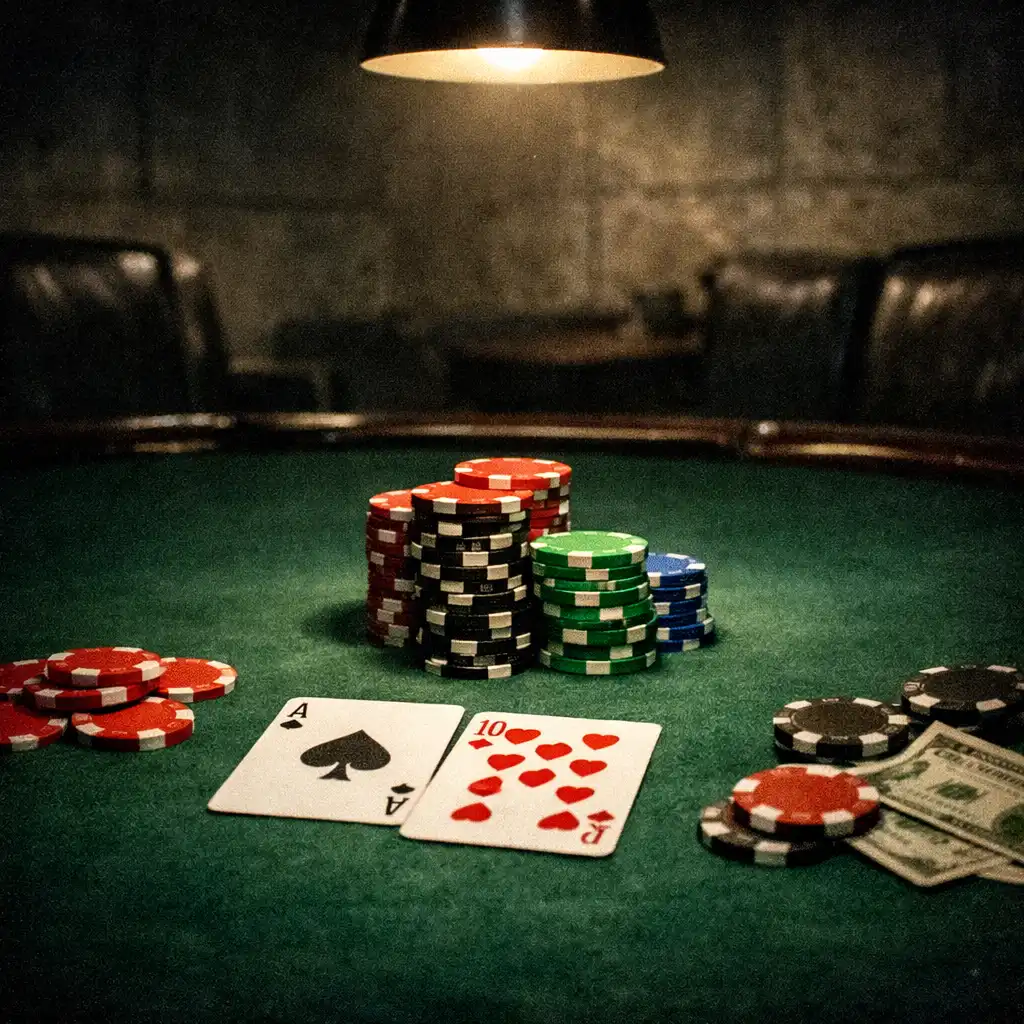 Dramatic close-up of a poker table with clay chips and cards under low atmospheric lighting in the Fortune and Marble card room