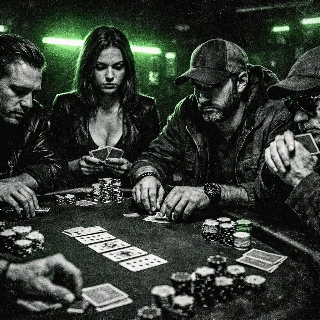 Group of people playing Texas Hold'em at a poker table in a dark, neon-lit room