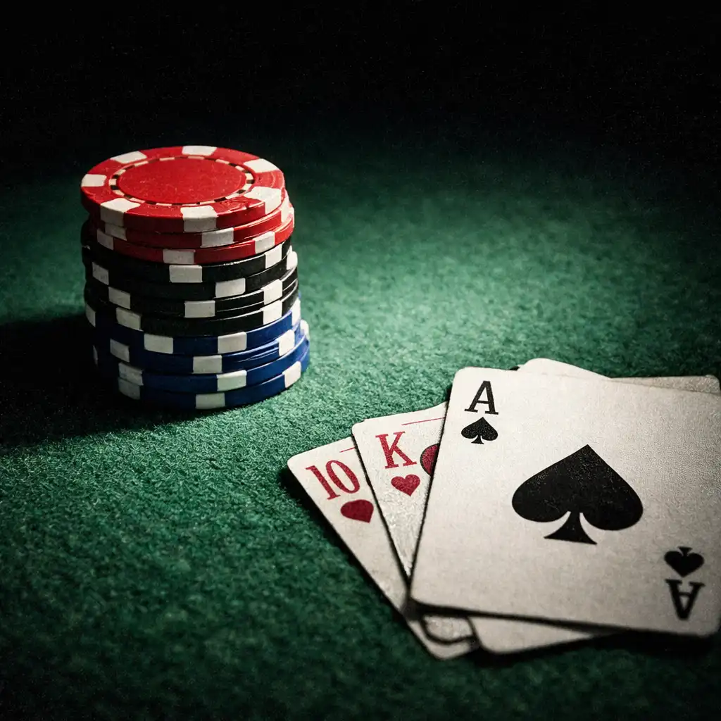 Close-up of a poker table surface showing green felt texture, a stack of poker chips, and playing cards under dramatic spotlight.